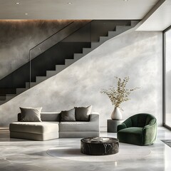 Poster - Diagonal shot of modern living room interior with stairs focusing on the grey sofa a luxurious green velvet armchair and a sleek coffee table with minimalist personal decor accents Template