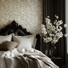Fototapete - Diagonal shot of harmonized bedroom interior featuring beautiful wallpaper a stylish modern bed and a vase of fresh flowers creating an inviting ambiance with elegant accessories Template