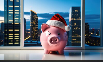 Festive piggy bank with santa hat against city skyline at dusk