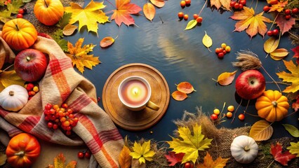 Poster - Autumnal Still Life with a Candle, Pumpkins, Apples, and a Plaid Blanket