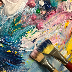Poster - Creative Strokes: An artist's palette bursts with color, adorned with an array of brushes. Capturing the essence of creative expression and the beauty of art.