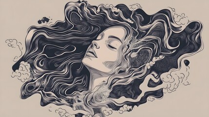Poster - Ethereal Black and White Surreal Portrait of a Woman with Flowing Hair
