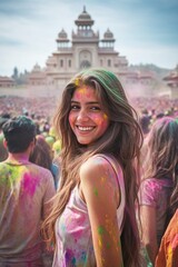 Canvas Print - A woman is smiling and posing for a picture in a colorful crowd. Scene is joyful and festive, as the woman is surrounded by people wearing colorful clothing