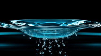 Poster - water droplets fall into a glass dish creating ripples and bubbles in a darkened setting illuminated