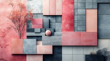 Poster - Diagonal view of carefully curated interior design moodboard with textiles pink and black paint samples light grey tiles panels and ample copy space showing a modern design theme Template