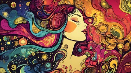 Poster - Ethereal Feminine Portrait with Vibrant Surreal Patterned Background