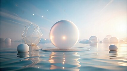 Poster - a shimmering sphere rests on a platform in a serene landscape, surrounded by other orbs floating gen
