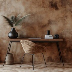 Poster - Diagonal view of modern workspace with a wooden desk rattan chair vase with green leaves books a stylish camera and a unique sculpture Brown wall background adds warmth to the space Template