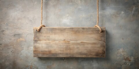 Aufkleber - Rustic Wooden Sign Hanging From Rope Against a Weathered Concrete Background