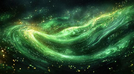 Wall Mural - Swirling green nebula with gold dust in deep space, ideal for cosmic backgrounds