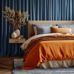 Poster - Diagonal view of elegant bedroom setup a bold orange bed beige and grey bedding blue curtain vase with dried flowers modern lamp and personal accessories on the nightstand Rug adds texture Template