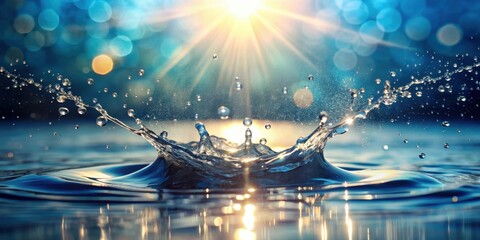 Leinwandbilder - Water droplet impacting a still surface, creating a vibrant splash with sunlit water droplets flying off in all directions.