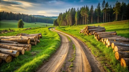 Aufkleber - A winding dirt road through a grassy meadow, flanked by stacks of freshly cut logs, leading towards a dense forest under a vibrant blue sky.