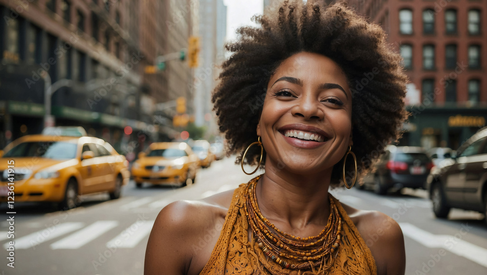 African American girl on the street of a big city with a lush hairstyle ...