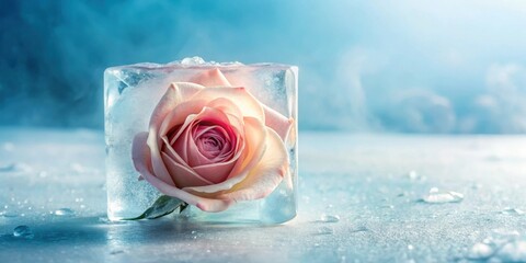 Aufkleber - A delicate pink rose frozen in time, encapsulated in a crystal clear ice cube, reflecting the soft light of a wintery sky.