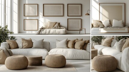 Poster - Different angles of frame mockup a modern home setting featuring a cozy living room with soft furnishings contemporary lighting and minimalistic decor elements in this beautifully designed 3D render