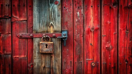 Aufkleber - A weathered, red wooden door with a rusted lock and metal latch, showing signs of age and time.