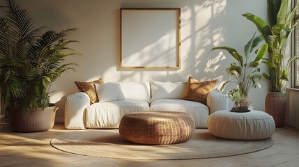 Poster - Different angles of frame mockup a modern home setting featuring a cozy living room with soft furnishings contemporary lighting and minimalistic decor elements in this beautifully designed 3D render