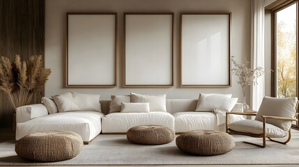Fototapete - Different angles of frame mockup a modern home setting featuring a cozy living room with soft furnishings contemporary lighting and minimalistic decor elements in this beautifully designed 3D render