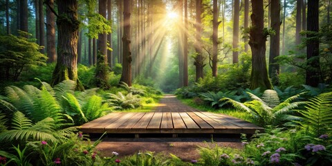 Poster - A Woodland Path bathed in the Golden Rays of Dawn, with a Rustic Wooden Platform leading into the Heart of the Forest