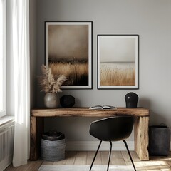 Poster - Elegant minimalist workspace showcasing natural wood console and black chair mockup paintings on the wall viewed from a frontal angle to highlight the serene environment and decor
