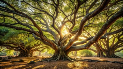 Poster - A majestic tree with sprawling branches reaching towards the golden sunlight, casting a warm glow across the forest floor