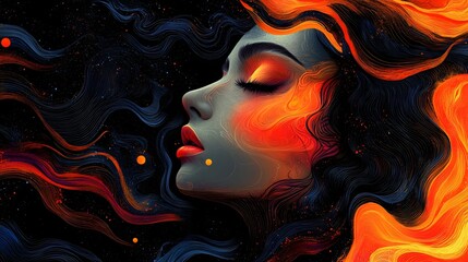 Poster - Mesmerizing Surreal Portrait of Mysterious Fiery Haired Woman in Dark Dreamscape