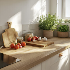 Fresh Ingredients in Kitchen: A sunlit kitchen counter displays an array of fresh ingredients, ready for culinary creation.