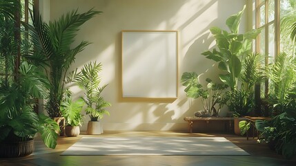 Poster - Elegant mockup poster a white frame close up displayed on a gallery wall surrounded by plants and art pieces The composition creates a dynamic atmosphere in this sophisticated 3D render