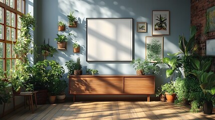 Fototapete - Elegant mockup poster a white frame close up displayed on a gallery wall surrounded by plants and art pieces The composition creates a dynamic atmosphere in this sophisticated 3D render