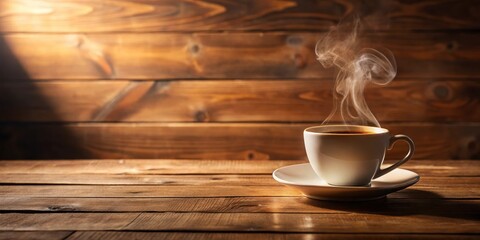 Poster - A steaming cup of coffee resting on a rustic wooden table with a warm glow in the background