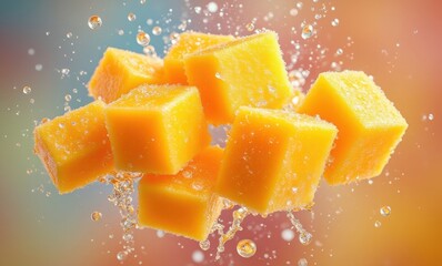 Wall Mural - Vibrant yellow mango cubes with splashes