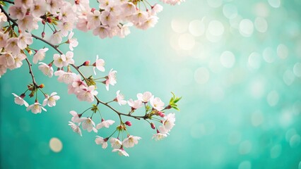 Aufkleber - Delicate Cherry Blossoms Gracefully Branch Out Against a Vibrant Mint Green Background with Soft, Blurred Sunlight