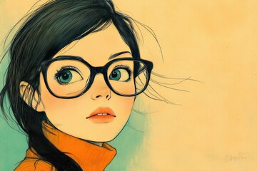 Wall Mural - Stylish Anime-Inspired Portrait: Young Woman with Glasses in Vibrant Orange Sweater