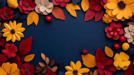 Wall Mural - Autumn Floral Frame: A vibrant papercraft floral frame, featuring intricate paper flowers and leaves in warm autumnal colors of red, yellow, and brown, on a deep navy blue background.