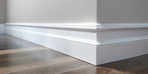 Poster - Close-up view of a white baseboard molding against a light-colored wall, creating a subtle contrast against the wood floor