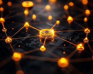Poster - Glowing network nodes connected to central hub on circuit board.