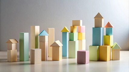Poster - A whimsical cityscape created from colorful wooden building blocks, showcasing a sense of playful architecture and imagination.
