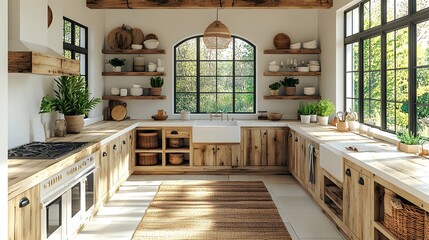 Poster - Farmhouse kitchen interior a white wall mockup and open shelving displaying rustic decor The blend of natural wood white cabinetry and soft lighting enhances the warm welcoming space in this 3D render