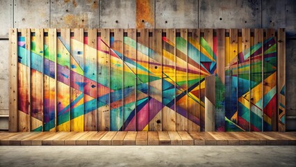 Fototapete - Abstract geometric patterns painted on a weathered wooden wall with a wooden platform in front