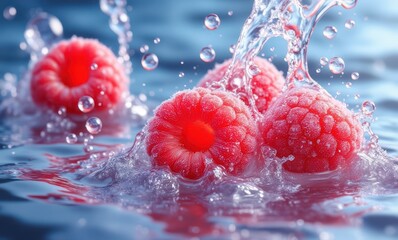 Wall Mural - Fresh raspberries splashing in water