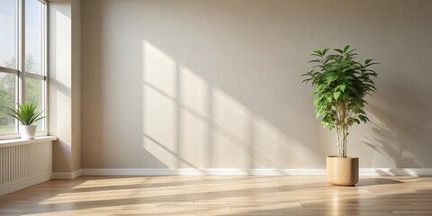 Poster - Minimalist Interior Design Featuring a Single Plant in a Wooden Pot and Sunlight Streaming Through a Window