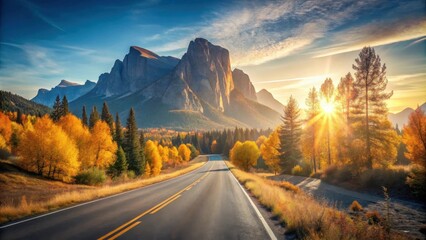 Poster - A winding road through a mountain valley, illuminated by the golden rays of sunrise, showcasing the vibrant colors of autumn foliage.