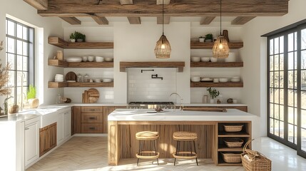 Poster - Farmhouse kitchen a white wall mockup and rustic wood accents Open shelving and a farmhouse sink add to the vintage charm while maintaining modern efficiency in this thoughtfully designed 3D render