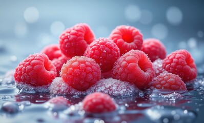 Wall Mural - Fresh raspberries covered in frost