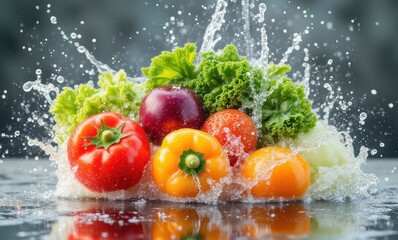 Wall Mural - Fresh assorted vegetables splashing in water