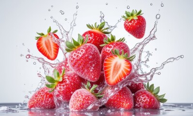 Wall Mural - Fresh strawberries splashing in water