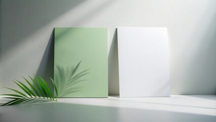 Aufkleber - Minimalist Mockup of a Blank Green and White Card with a Leaf Shadow on a White Surface