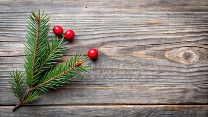 Poster - A rustic wood background with a sprig of evergreen and red berries, creating a festive and natural ambiance.