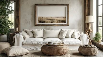 Poster - farmhouse living room a mockup frame above a reclaimed wood shelf surrounded by cozy furnishings in 